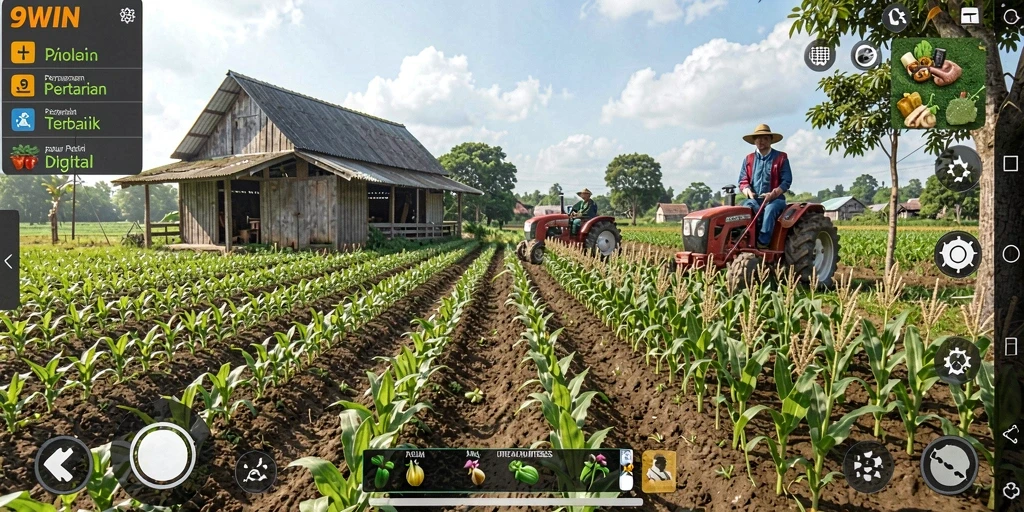 Tampilan gameplay 9WIN yang menarik dengan kebun yang subur.