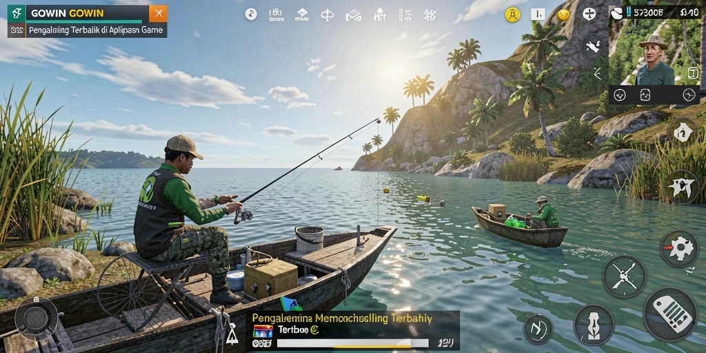 Tampilan gameplay GOWIN dengan ikan beragam yang ditangkap.