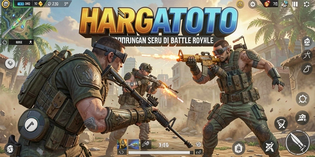 Tangkapan layar utama HARGATOTO menunjukkan aksi seru Battle Royale.