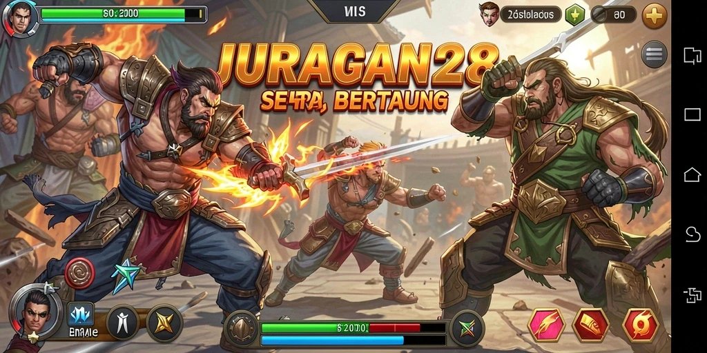 Tampilan gameplay JURAGAN28 dengan aksi pertarungan seru dan karakter yang menarik.