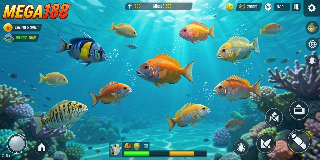 Tampilan gameplay seru MEGA188 dengan aksi tembak ikan.