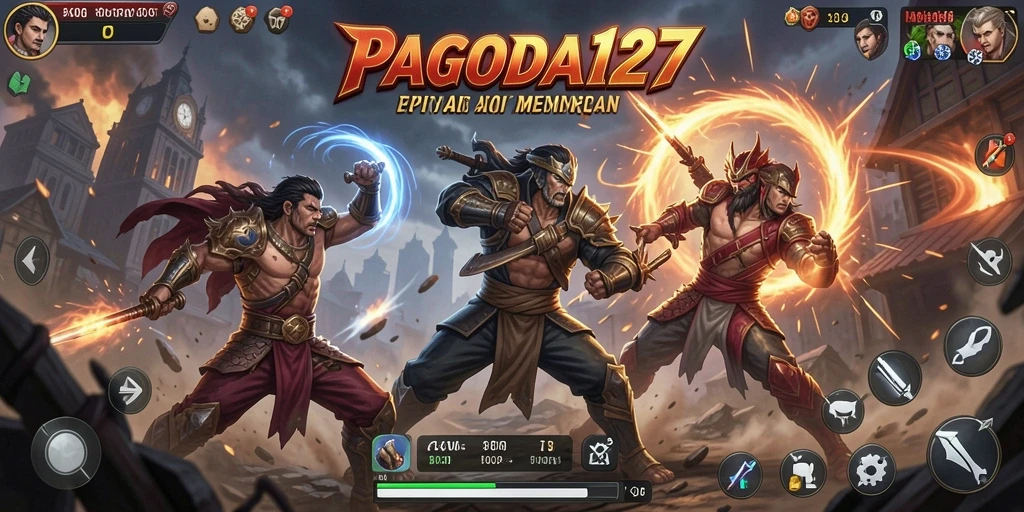 Gambaran pertarungan epik di PAGODA127 dengan karakter yang kuat.